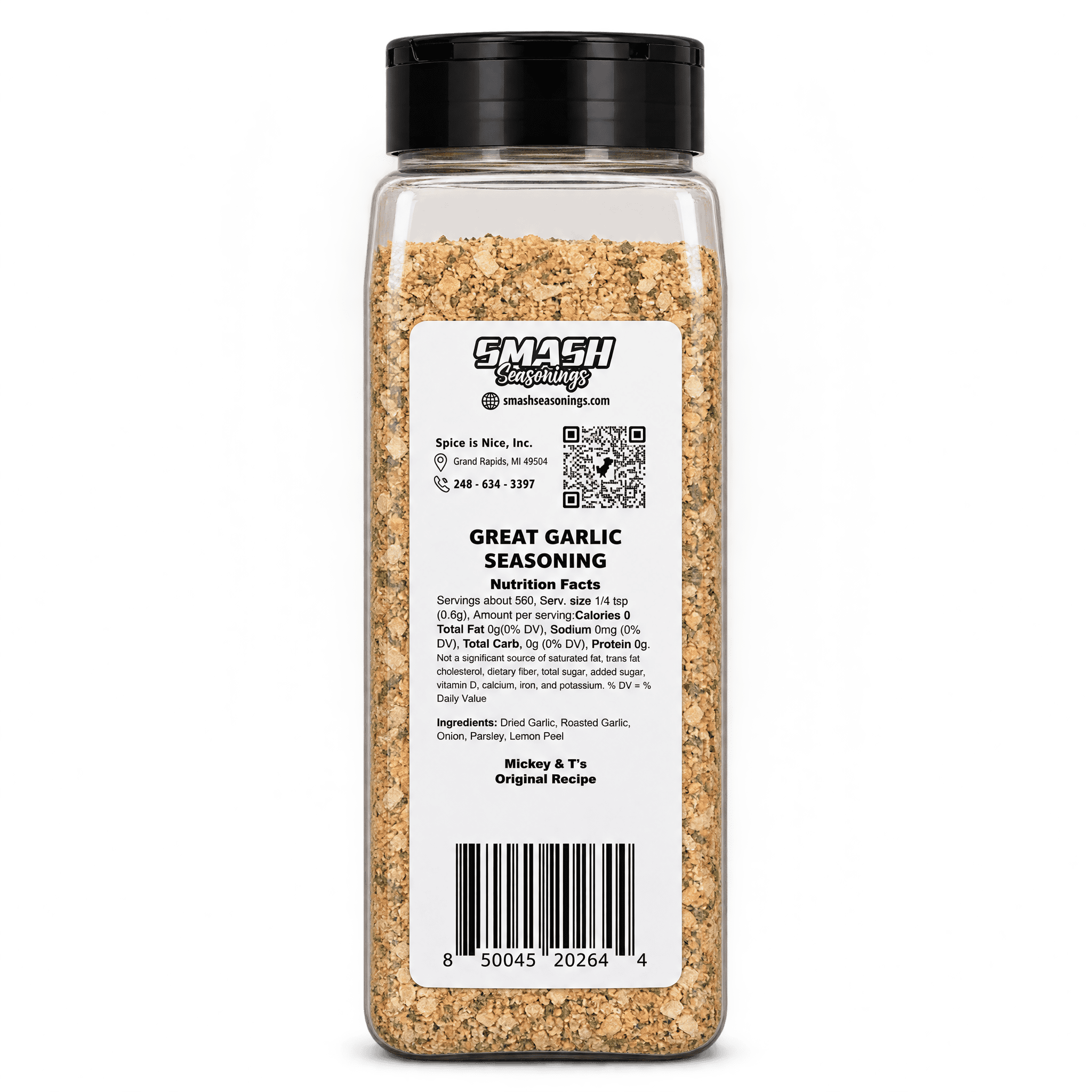 Great Garlic Seasoning - Large 18 oz bottle - back label with nutrition facts and ingredients