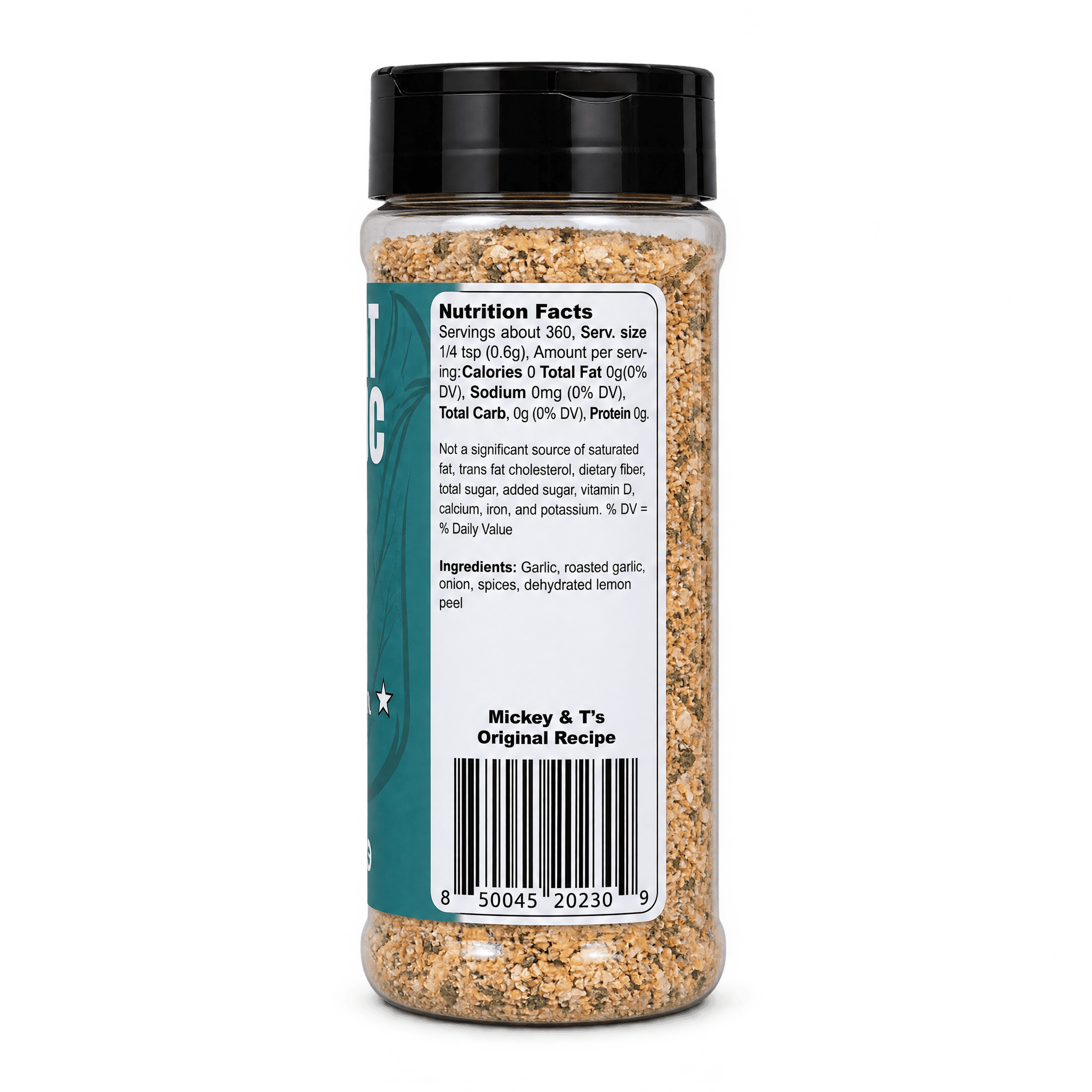 Great Garlic Seasoning - Medium 9.8 oz bottle - back label with nutrition facts and ingredients