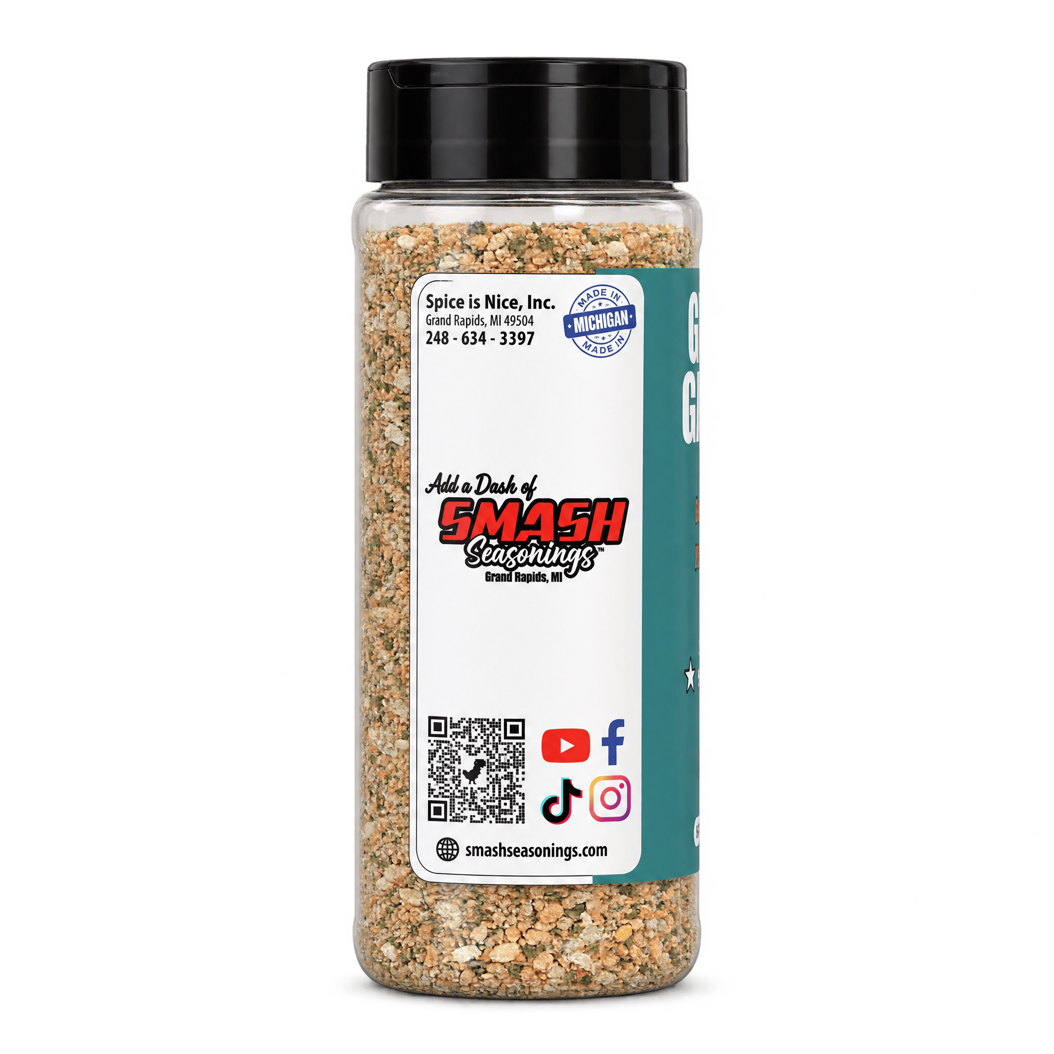 Great Garlic Seasoning - Medium 9.8 oz bottle - side panel with Smash Seasonings logo