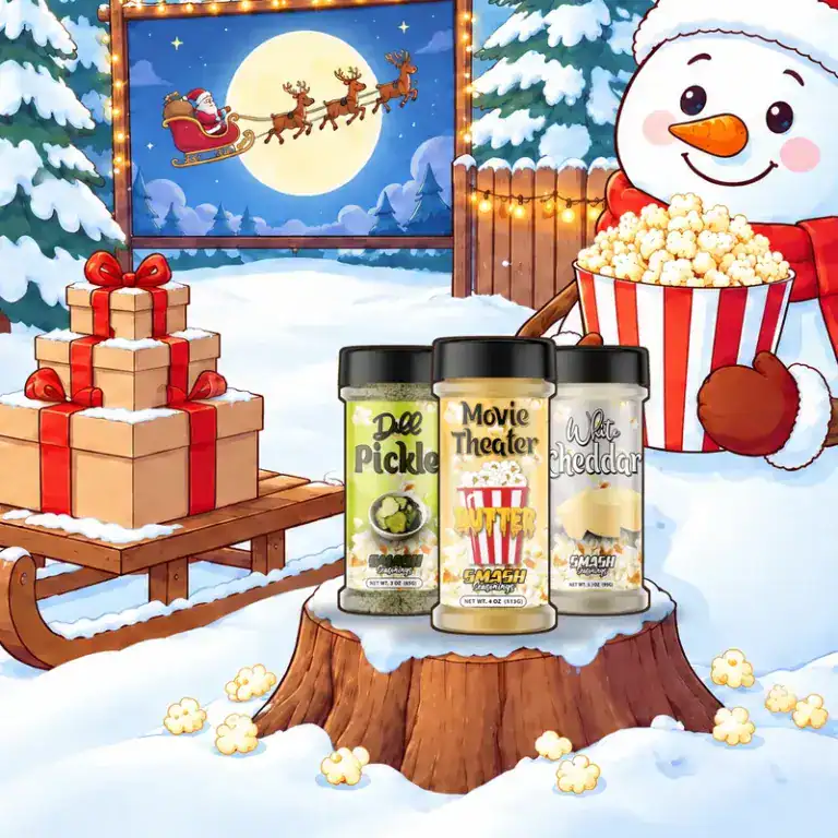 Smash popcorn seasoning bottles on a snowy stump next to gift boxes
