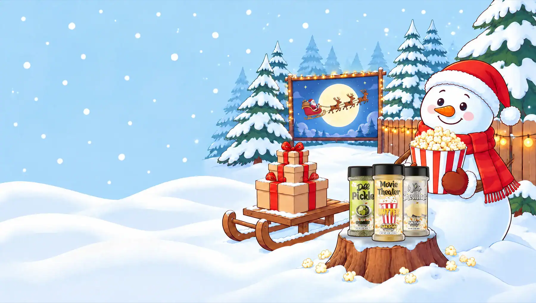 Snowy backyard popcorn movie night: a snowman with a popcorn bucket, gift boxes on a sled and Smash popcorn seasonings on a tree stump